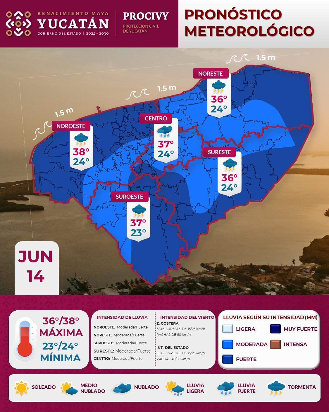 Lluvias fuertes en todo Yucatán este 14 de junio: bajan ligeramente las temperaturas